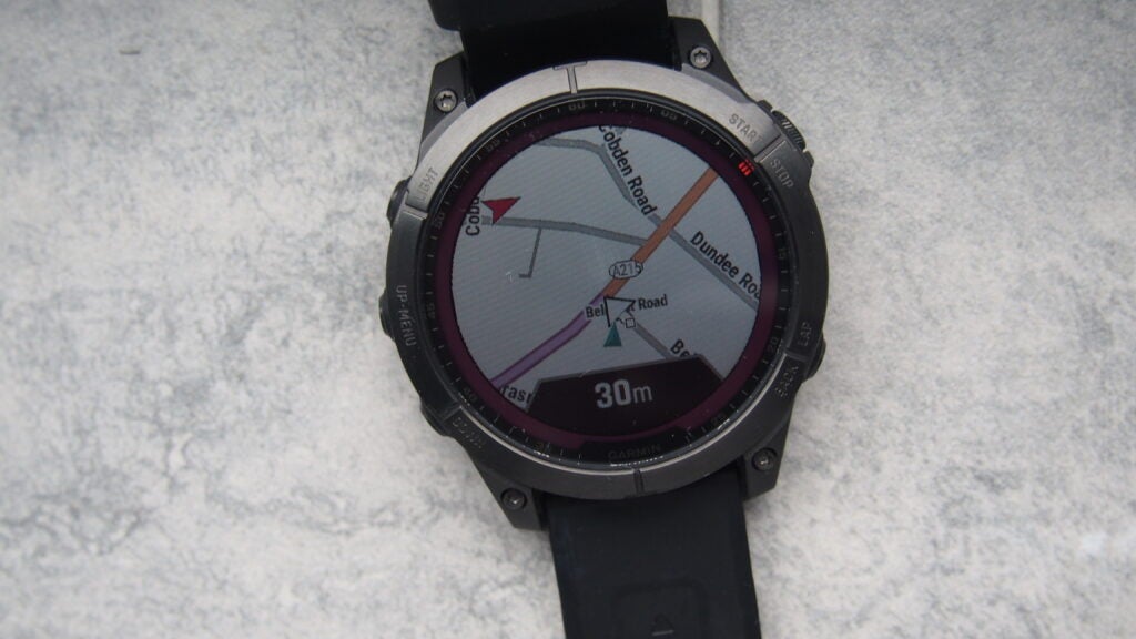 Garmin Fenix 7 showing the mapsGarmin Fenix 7 watch displaying navigation map.