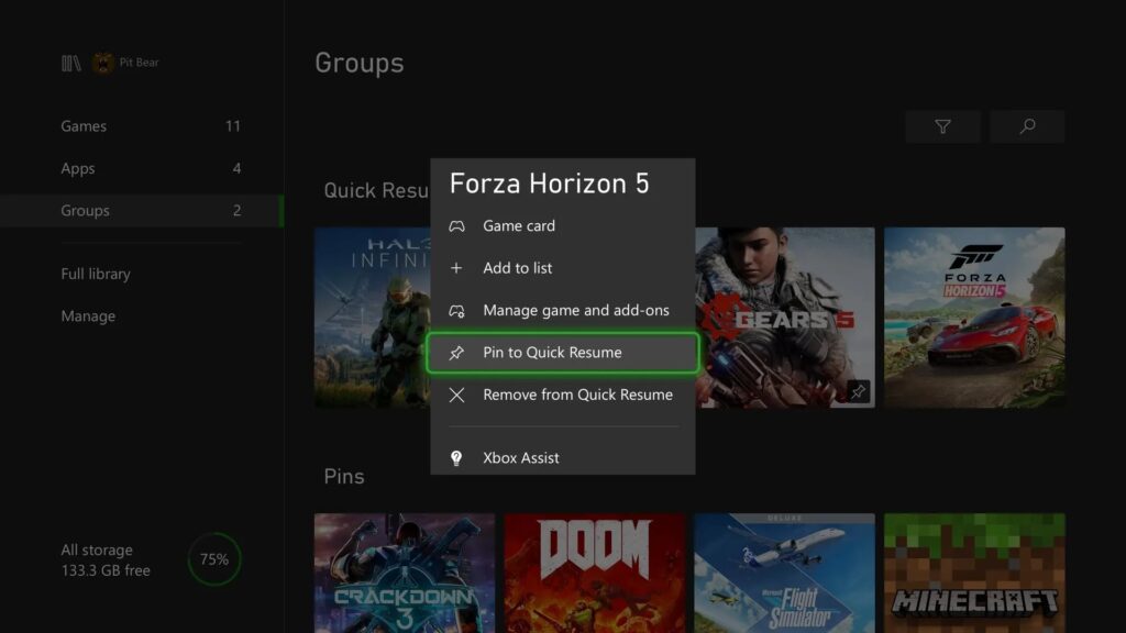 Pin to Quick Resume Xbox