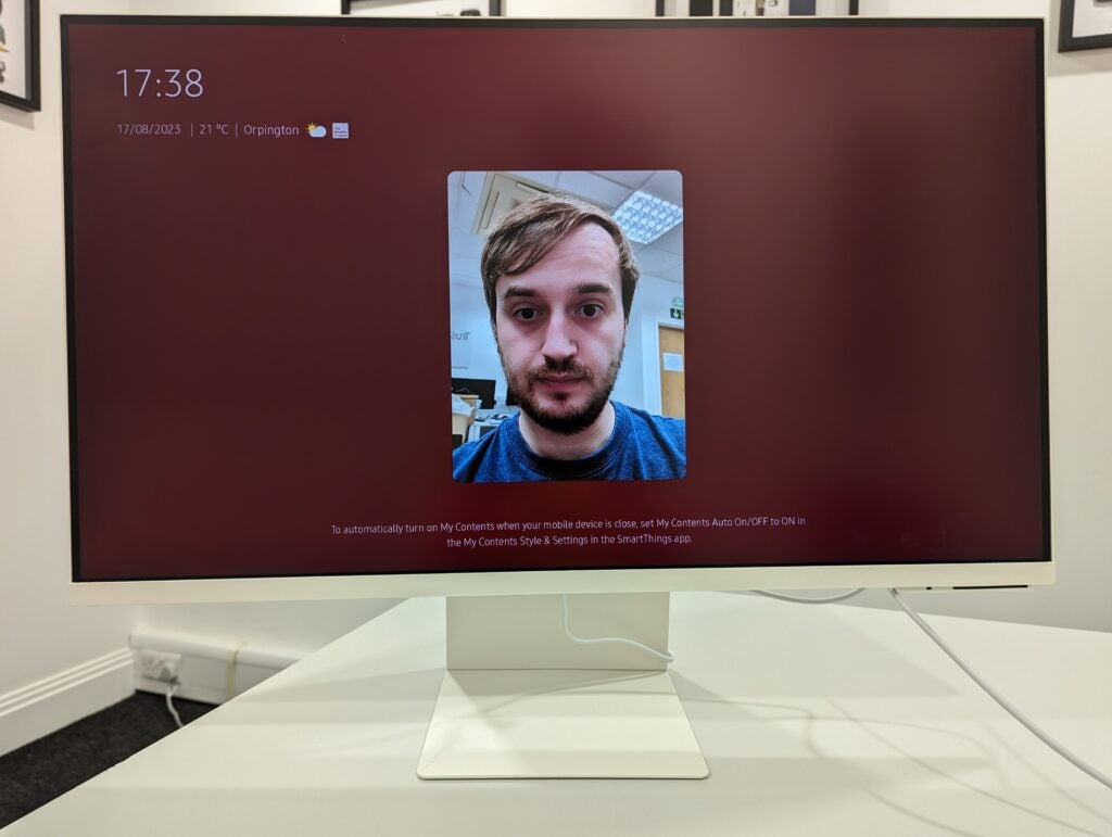 Samsung M8 Smart Monitor My ContentsSamsung M8 Smart Monitor displaying a user selfie and clock.