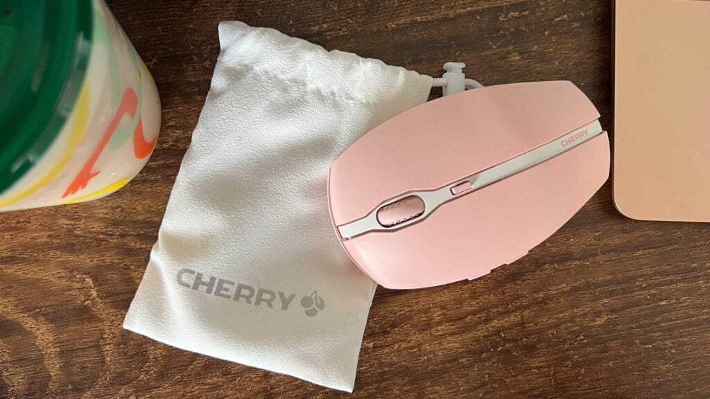 The Cherry Gentix BT sitting on its travel pouch.