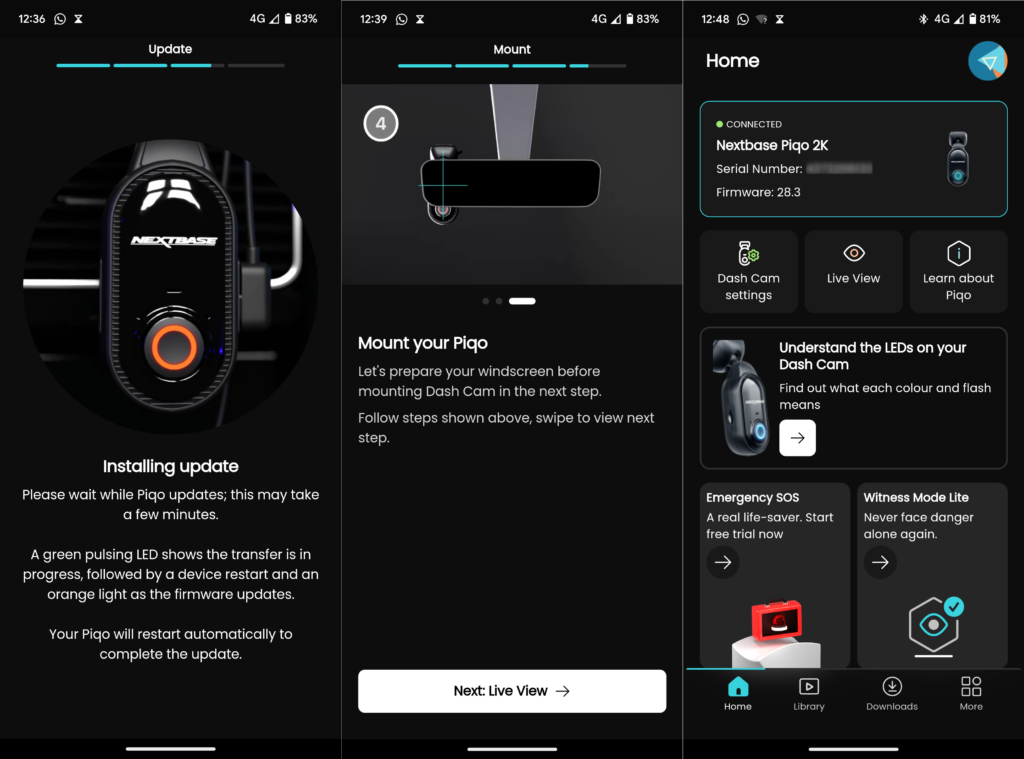 Android screenshot collage showing an update being installed, the mounting guide, and the home page for the installed and connected camera