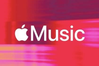 Apple music logo on red and pink background.