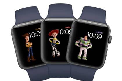 Three Apple Watches with "Toy Story" characters Woody, Jessie, and Buzz Lightyear as watch faces.