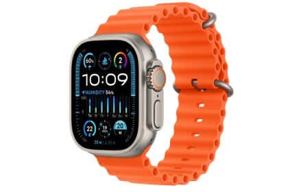 Apple Watch Ultra 2 with an orange band.