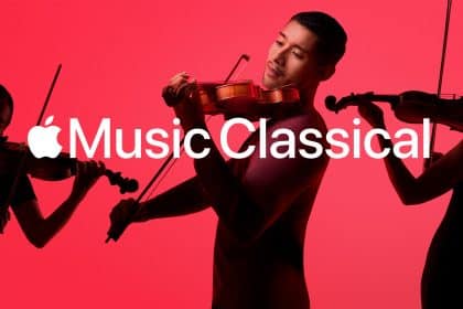 Musicians playing violins with the Apple Music Classical logo displayed.