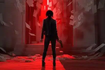 A character standing in front of a glowing red doorway with flying papers.