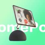 A HomePod device with a screen displaying a video call.