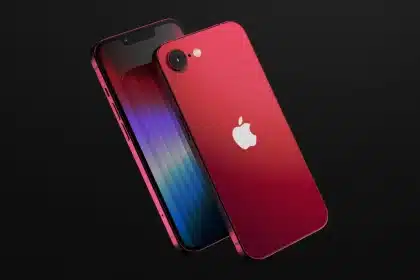 Red iPhone SE front and back view.