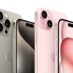 Three iPhone models showcasing sleek designs in various colours.