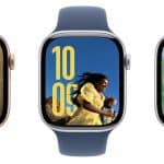 Three Apple Watches showcasing vibrant watch faces with pets, people, and scenic landscapes.