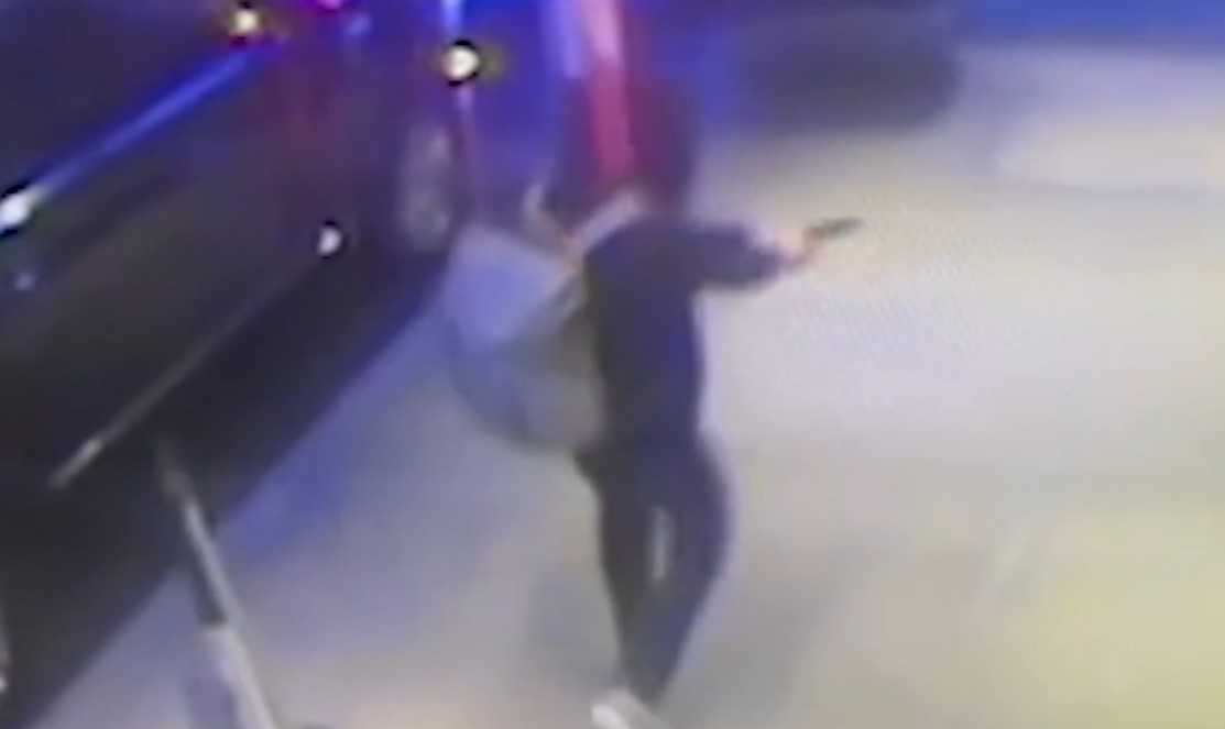 Surveillance video of the 6:45 a.m. shooting shows Thompson, wearing a blue blazer, briskly walking down W. 54th St. near Sixth Ave. on his way to the Hilton hotel when the gunman steps up behind him with what appears to be a pistol with a silencer.