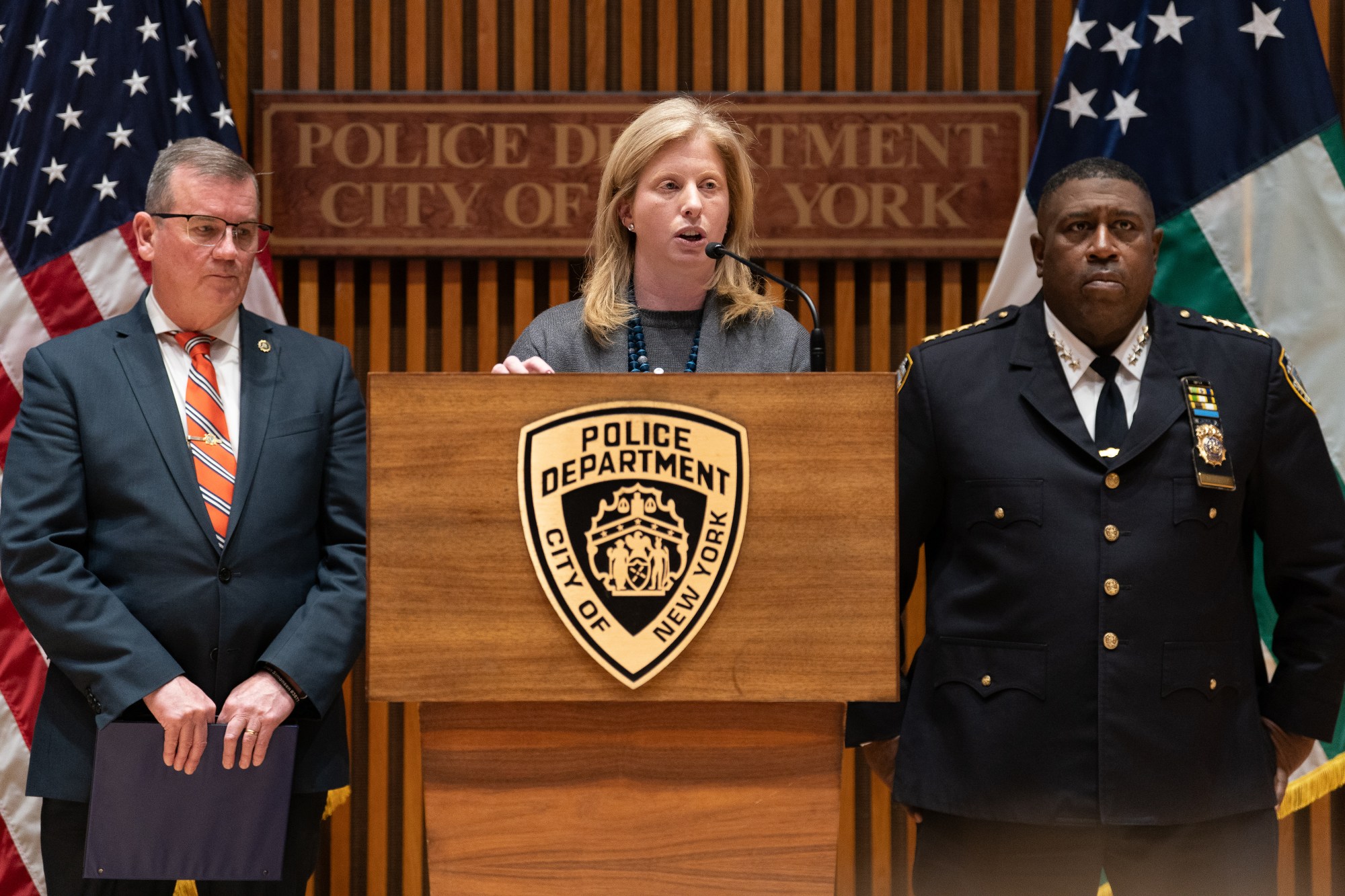 NYPD Commissioner Jessica Tisch speaks during a press conference at 1 Police Plaza in Manhattan after the shooting death of United Healthcare CEO Brian Thompson on Wednesday, Dec. 4, 2024. (Barry Williams/ New York Daily News)