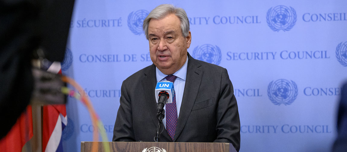 Secretary-General António Guterres briefs reporters on the latest developments in Syria. UN Photo/Loey Felipe