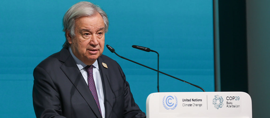 Secretary-General António Guterres speaks to reporters in Baku, Azerbaijan on the penultimate day of COP29, the latest round of UN climate negotiations. UNFCCC/Kiara Worth 