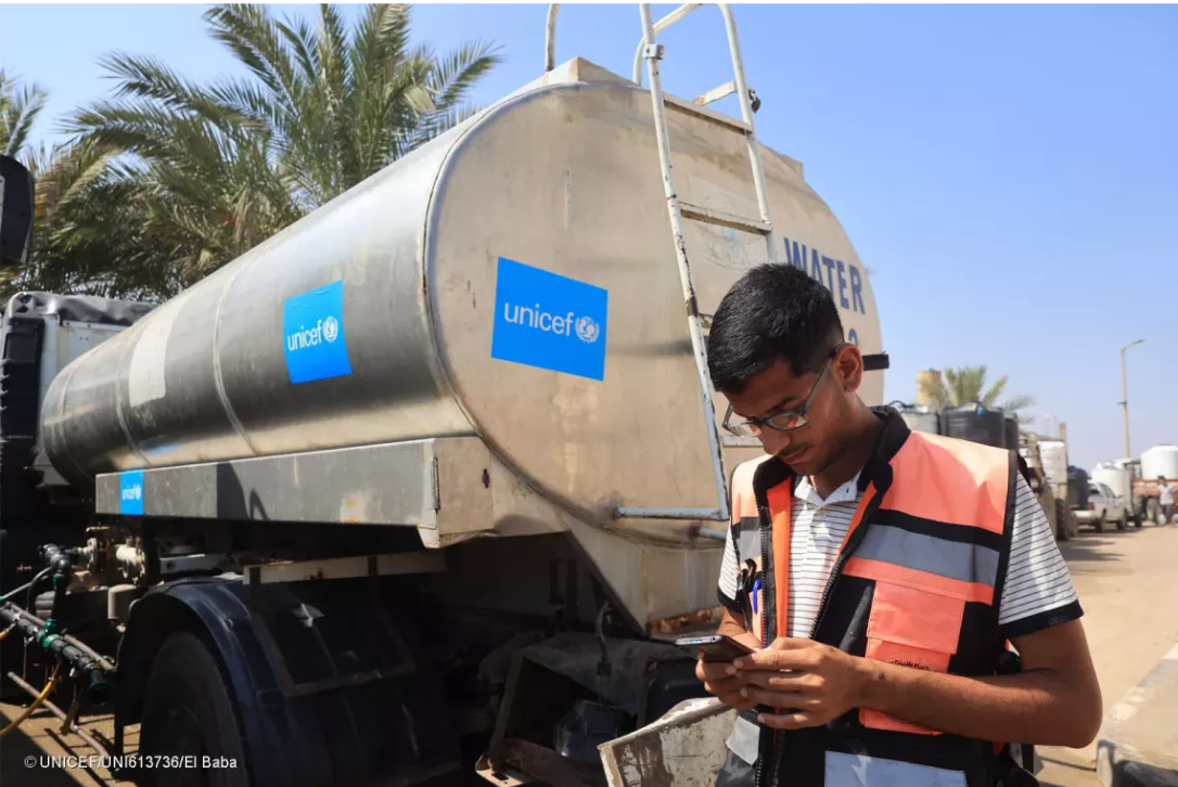 A UNICEF-supported water truck is pictured in Deir al-Balah, in the Gaza Strip.