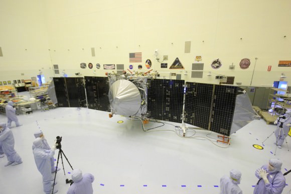 MAVEN is NASA’s next Mars orbiter and is due to blastoff on Nov. 18 from Cape Canaveral, Florida. It will study the evolution of the Red Planet’s atmosphere and climate. Universe Today visited MAVEN inside the clean room at the Kennedy Space Center.  With solar panels unfurled, this is exactly how MAVEN looks when flying through space and circling Mars.  Credit: Ken Kremer/kenkremer.com 