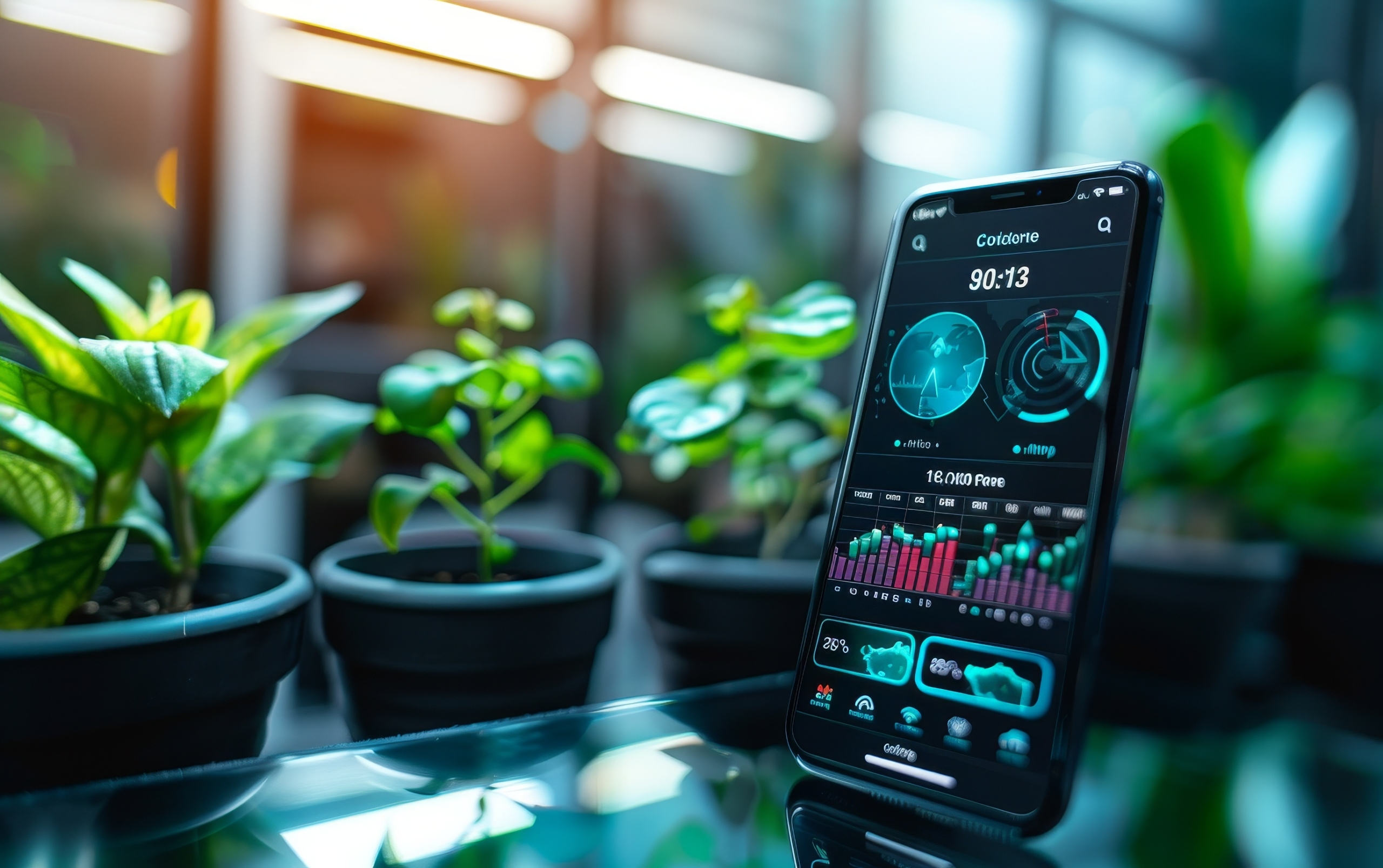 Smartphone displaying data analytics app with green plants in the background, representing technology and nature integration.