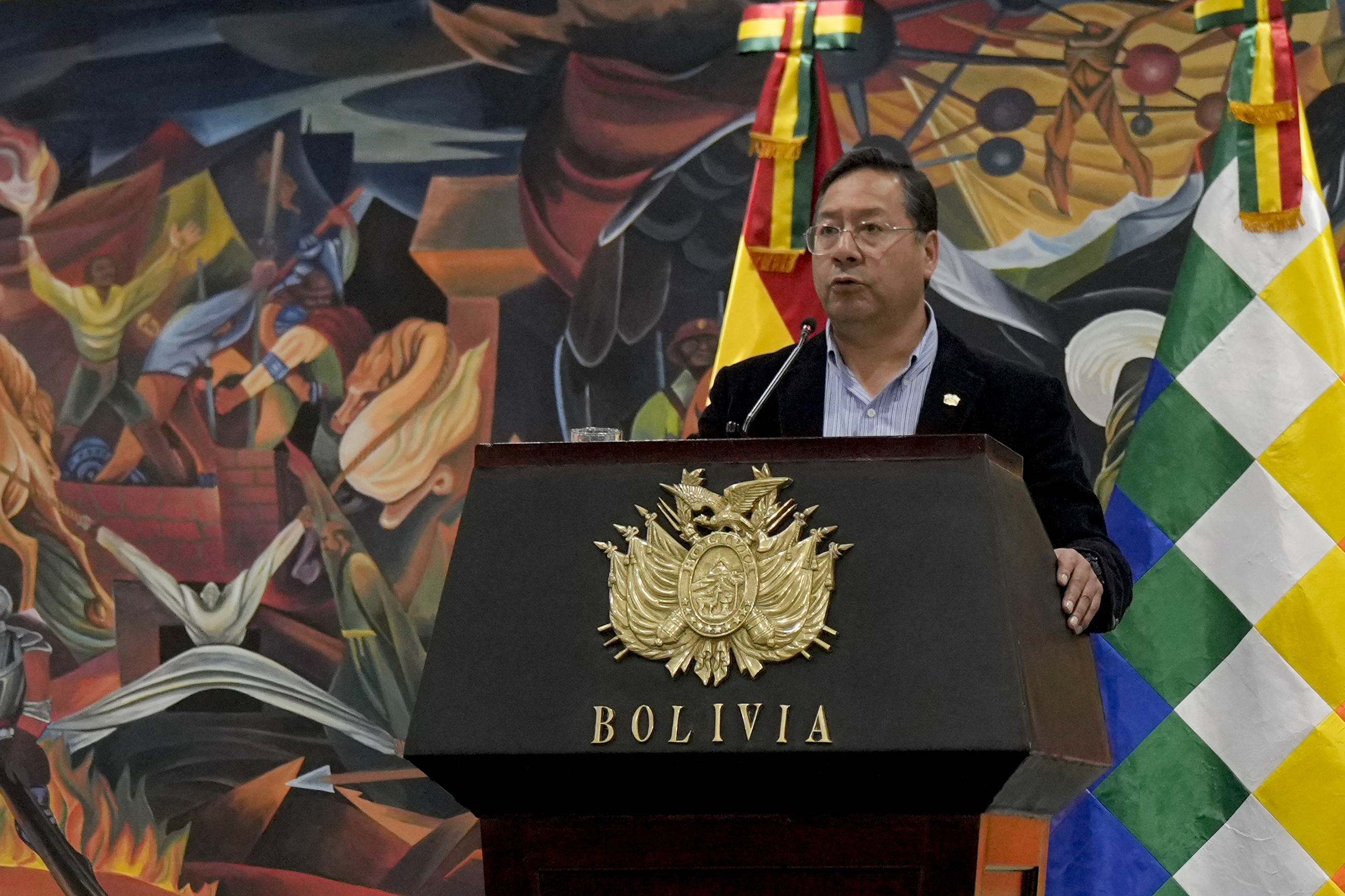 Bolivian President Luis Arce speaks during a press conference the day after troops stormed the presidential palace in what he called a coup attempt, in La Paz, Bolivia, Thursday, June 27, 2024. (AP Photo/Juan Karita)