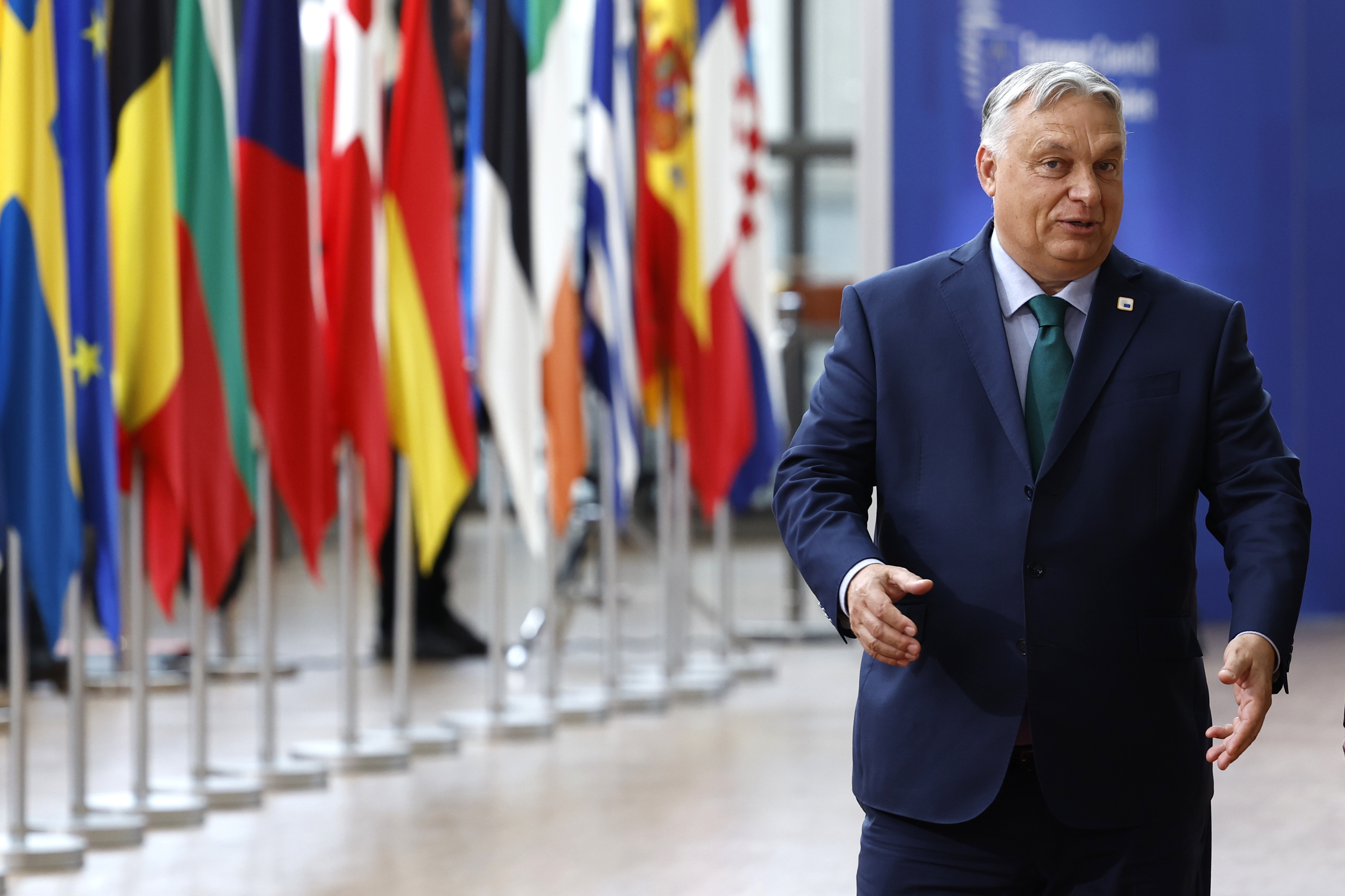 FILE - Hungary's Prime Minister Viktor Orban arrives for an EU summit in Brussels, on June 27, 2024. Orbán has presented a new alliance with Austria’s far-right Freedom Party and the main Czech opposition party, which hopes to attract other partners and become the biggest right-wing group in the European Parliament. Orbán traveled to Vienna Sunday, June 30, 2024, to present the “Patriots for Europe” alliance of his Fidesz party with the Freedom Party and former Czech Prime Minister Andrej Babiš’s ANO party — a day before Hungary takes over the European Union’s rotating presidency for six months. (AP Photo/Geert Vanden Wijngaert)