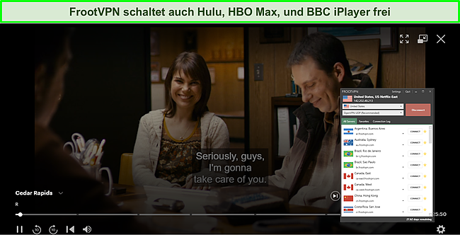 Screenshot von FrootVPN, das Hulu, HBO Max und BBC iPlayer entsperrt.