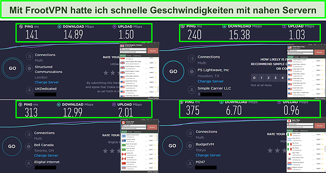 Screenshot der FrootVPN-Geschwindigkeitsergebnisse an 4 Standorten.