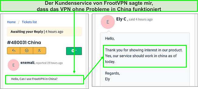 Screenshot der Bestätigung, dass FrootVPN in China funktioniert.