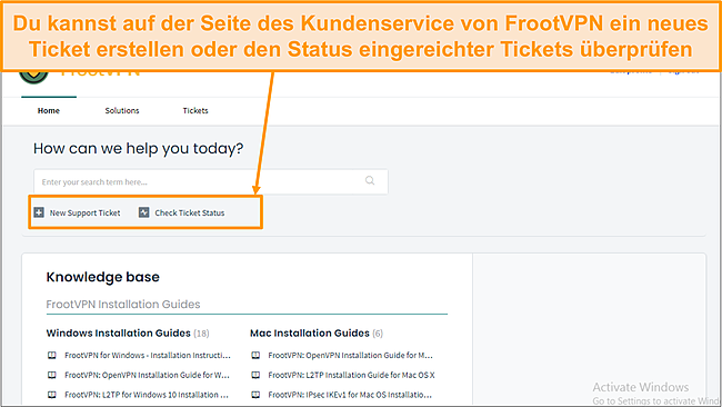 Screenshot der FrootVPN-Supportseite.