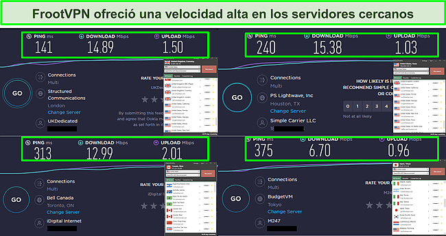 Captura de pantalla de los resultados de velocidad de FrootVPN en 4 ubicaciones.