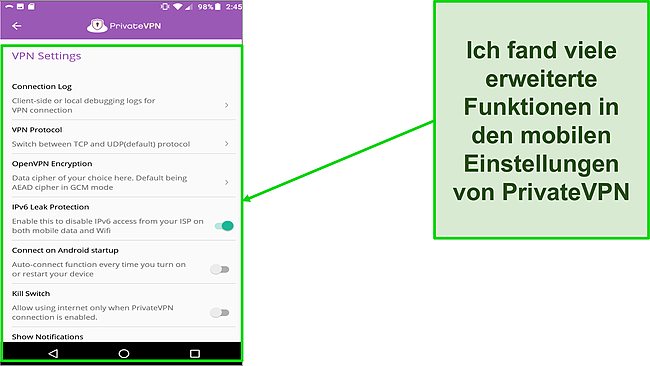 Screenshot des PrivateVPN-Einstellungsmenüs in Android.