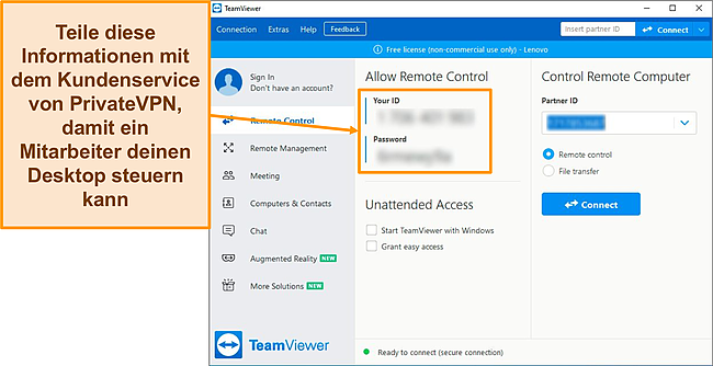 Screenshot des Startbildschirms von TeamViewer in Windows.