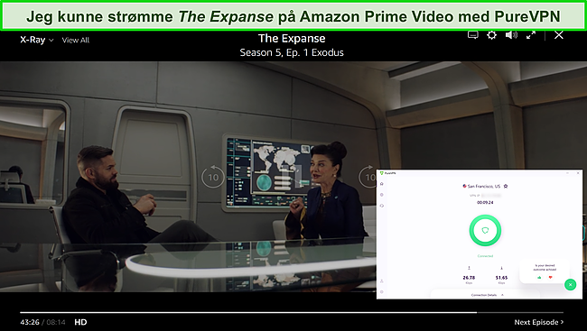 Skjermbilde av PureVPN som fjerner blokkering av Amazon Prime Video.