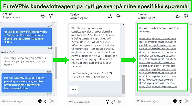 Skjermbilde av PureVPN live chat som svarer på spørsmål om manuell tilkobling til servere fra Kina.