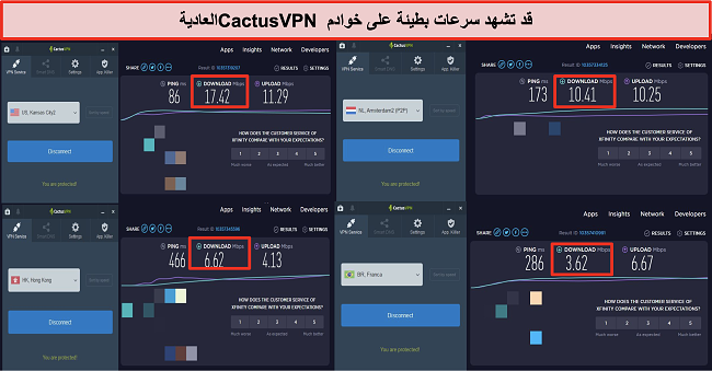 لقطة شاشة للسرعات البطيئة على خوادم CactusVPN العادية