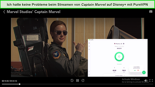 Screenshot von PureVPN, das Disney+ entsperrt.