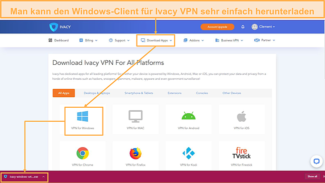 Screenshot der Anzeige der Download-Schaltfläche auf der Ivacy VPN-Website.