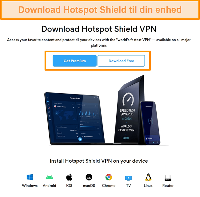 Skærmbillede af download-siden Hotspot Shield.