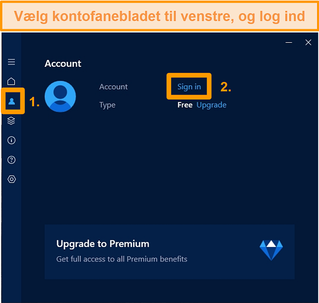 Skærmbillede af Hotspot Shield Windows-app-loginskærm.