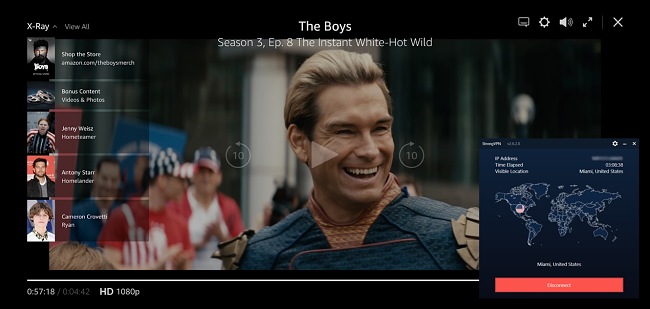 لقطة شاشة لـ The Boys on Amazon Prime Video أثناء الاتصال بـ StrongVPN