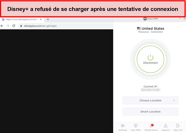 Capture d'écran de HideIPVPN ne parvient pas à accéder à Disney +.