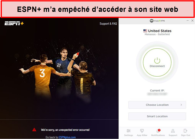 Capture d'écran d'ESPN + vous empêchant d'accéder à ses services via HideIPVPN.