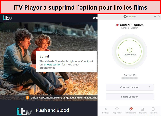 Capture d'écran d'ITV Player supprimant l'option de diffusion en continu des émissions sur la connexion HideIPVPN. Au lieu de cela, il indique que la vidéo n'est pas disponible pour le moment.