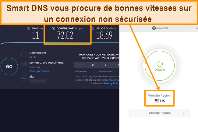 Capture d'écran du test de vitesse de HideIPVPN Smart DNS.