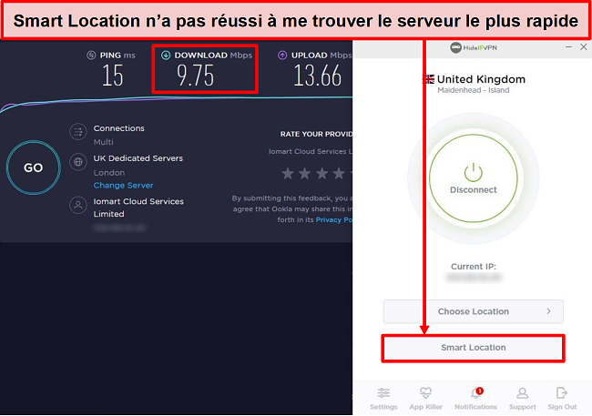 Capture d'écran du test de vitesse à l'aide de Smart Location.