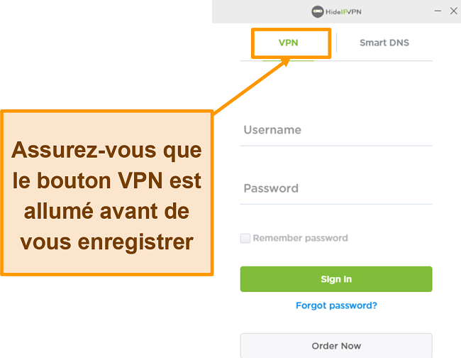 Capture d'écran de l'écran de connexion HideIPVPN pour le bureau.