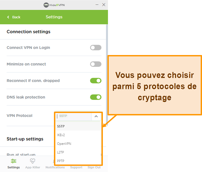 Capture d'écran des protocoles de cryptage HideIPVPN.