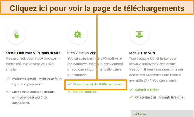 Capture d'écran du processus de création de compte de HideIPVPN, où vous devez cliquer sur 