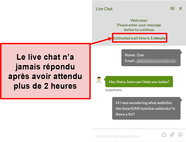 Capture d'écran du chat en direct HideIPVPN ne répondant pas.