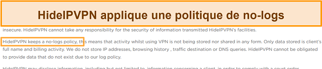 Capture d'écran de la politique de non-journalisation de HideIPVPN.