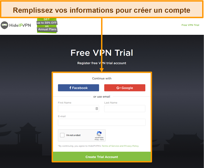 Capture d'écran du processus de création de compte de HideIPVPN.