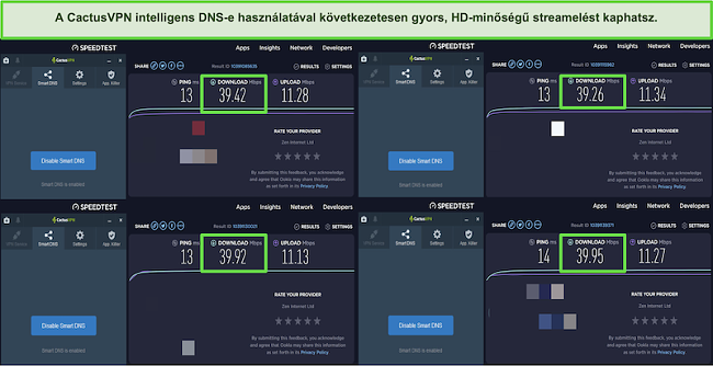 Pillanatkép 4 sebességvizsgálatról, miközben a CactusVPN intelligens DNS-szervereihez csatlakozik